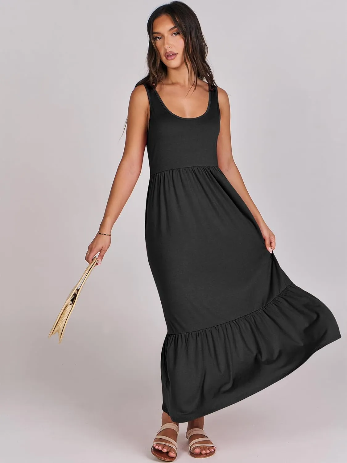 ANRABESS Women's Summer Sleeveless Maxi Sundress Swing Casual Flowy Tiered Shirts Dress Beach Travel Vacation Outfits