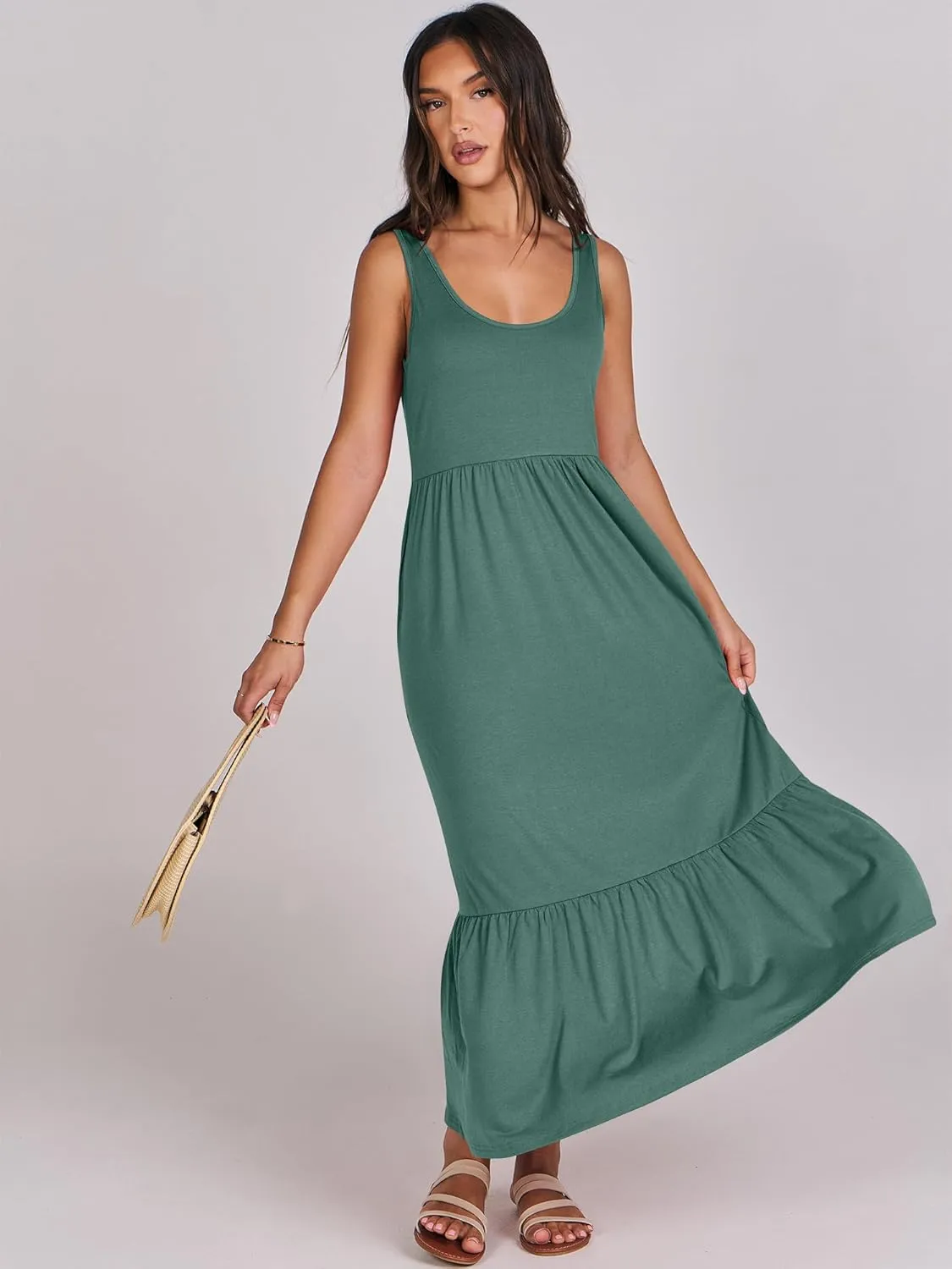 ANRABESS Women's Summer Sleeveless Maxi Sundress Swing Casual Flowy Tiered Shirts Dress Beach Travel Vacation Outfits