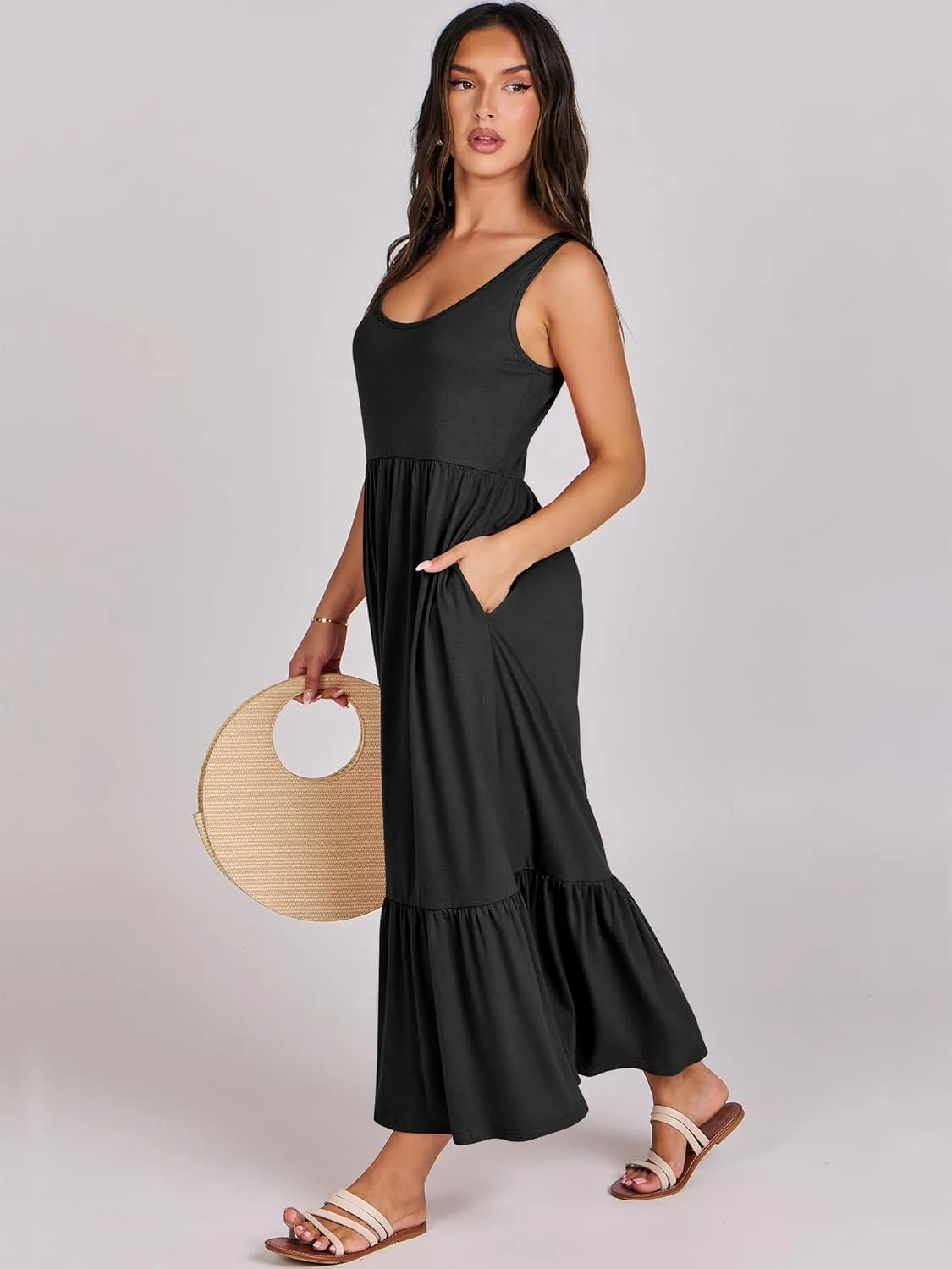 ANRABESS Women's Summer Sleeveless Maxi Sundress Swing Casual Flowy Tiered Shirts Dress Beach Travel Vacation Outfits