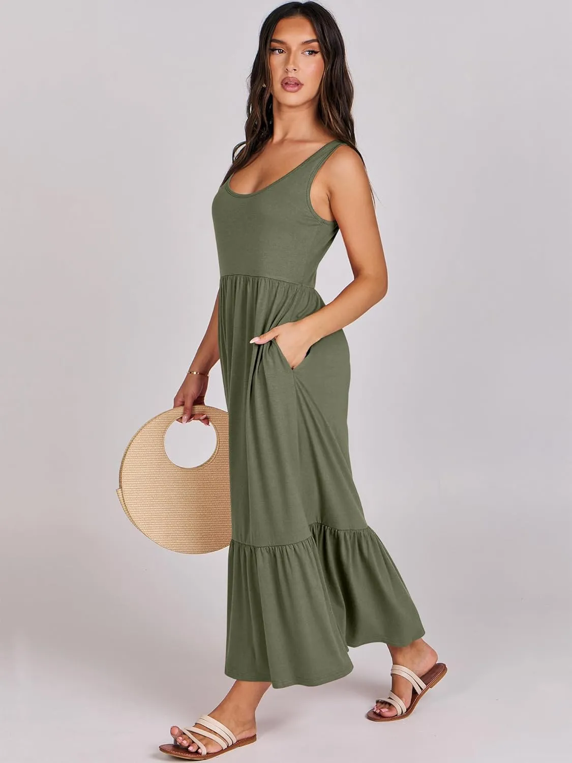 ANRABESS Women's Summer Sleeveless Maxi Sundress Swing Casual Flowy Tiered Shirts Dress Beach Travel Vacation Outfits