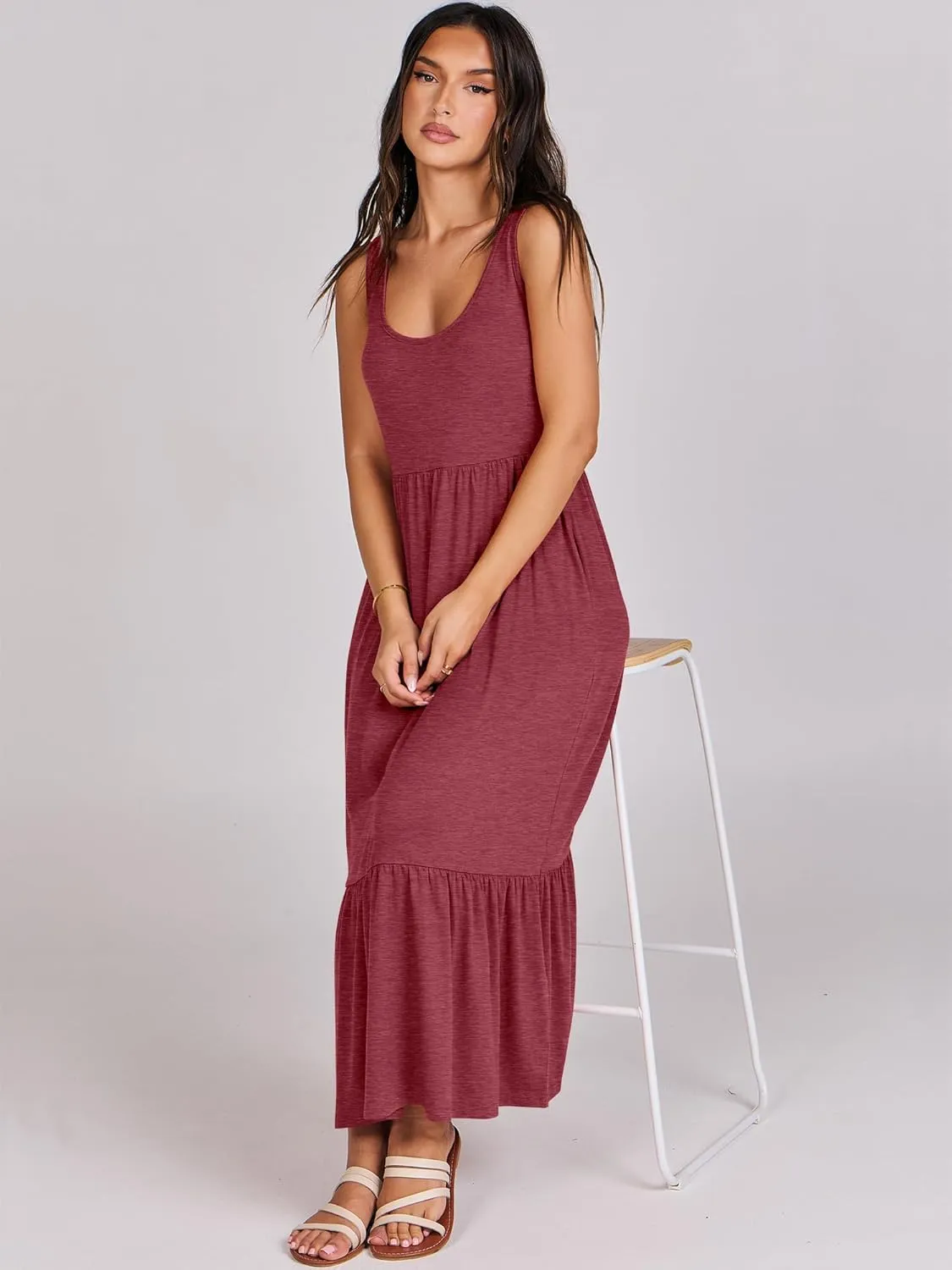 ANRABESS Women's Summer Sleeveless Maxi Sundress Swing Casual Flowy Tiered Shirts Dress Beach Travel Vacation Outfits