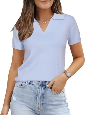 Arach&Cloz 2025 Women's Wool Blend Polo Shirts Spring Summer Tops Short Sleeve Soft Trendy Old Money Business Casual Outfits