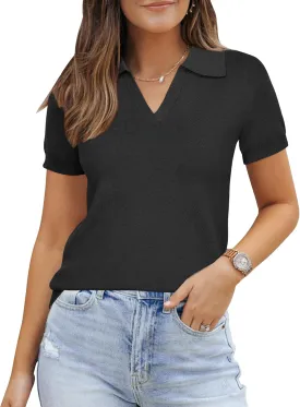 Arach&Cloz 2025 Women's Wool Blend Polo Shirts Spring Summer Tops Short Sleeve Soft Trendy Old Money Business Casual Outfits