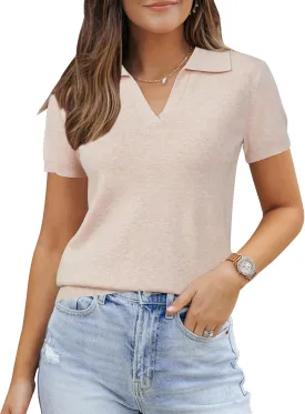 Arach&Cloz 2025 Women's Wool Blend Polo Shirts Spring Summer Tops Short Sleeve Soft Trendy Old Money Business Casual Outfits