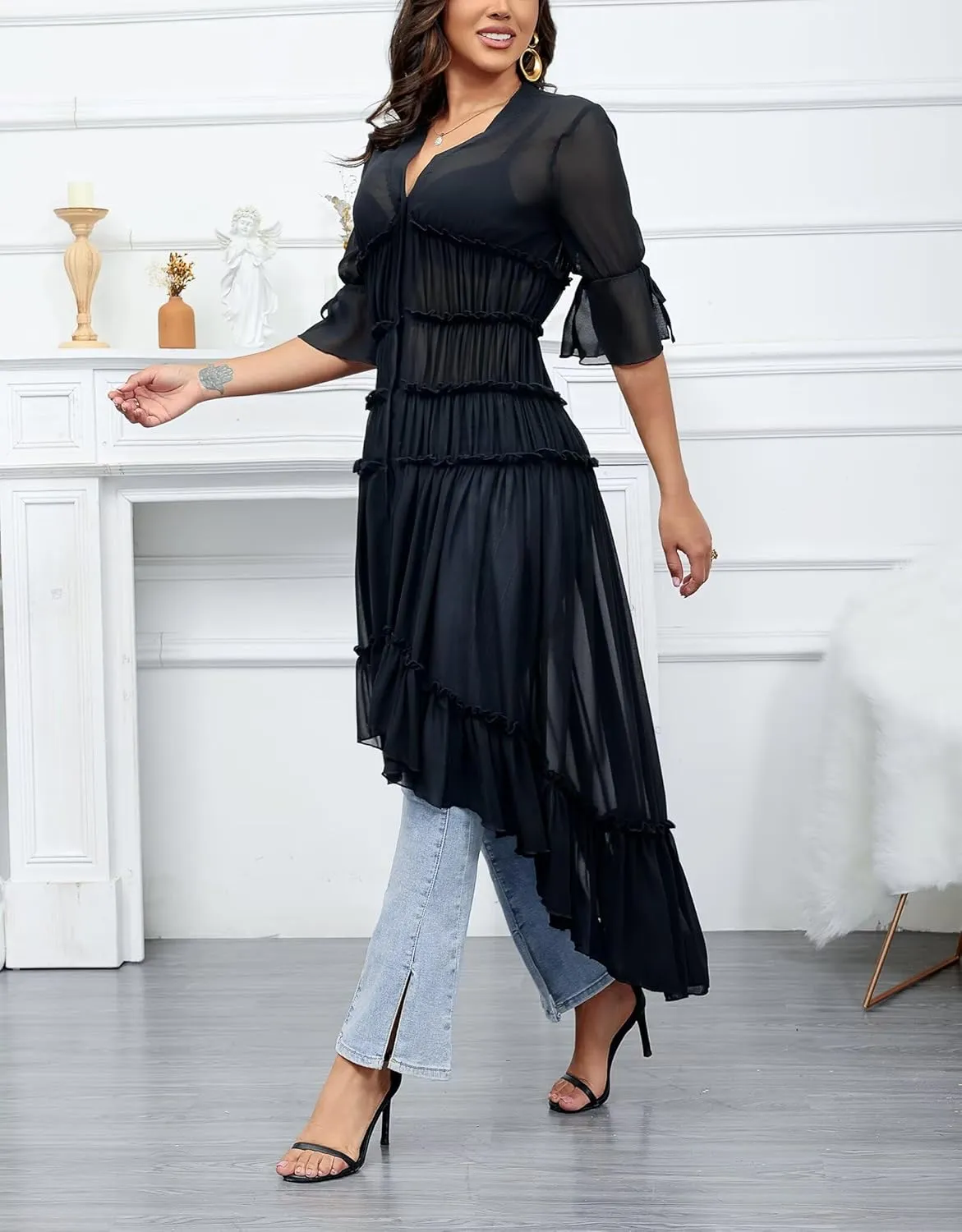 Aro Lora Women's Button Down Shirt Dress Sheer Chiffon V Neck Asymmetrical Ruffle Summer Beach Maxi Dress