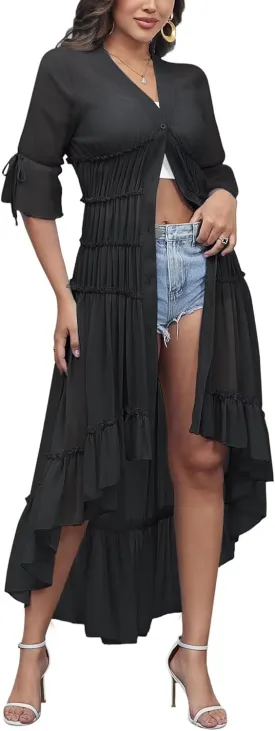 Aro Lora Women's Button Down Shirt Dress Sheer Chiffon V Neck Asymmetrical Ruffle Summer Beach Maxi Dress