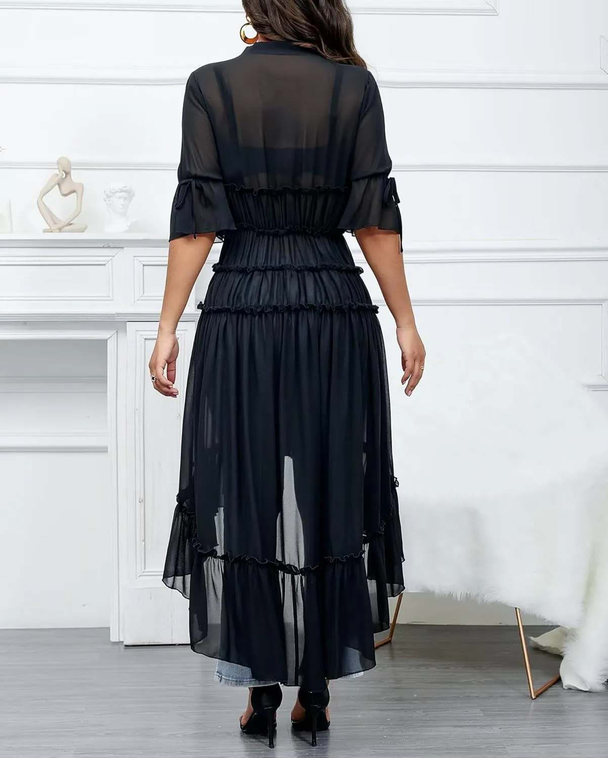 Aro Lora Women's Button Down Shirt Dress Sheer Chiffon V Neck Asymmetrical Ruffle Summer Beach Maxi Dress
