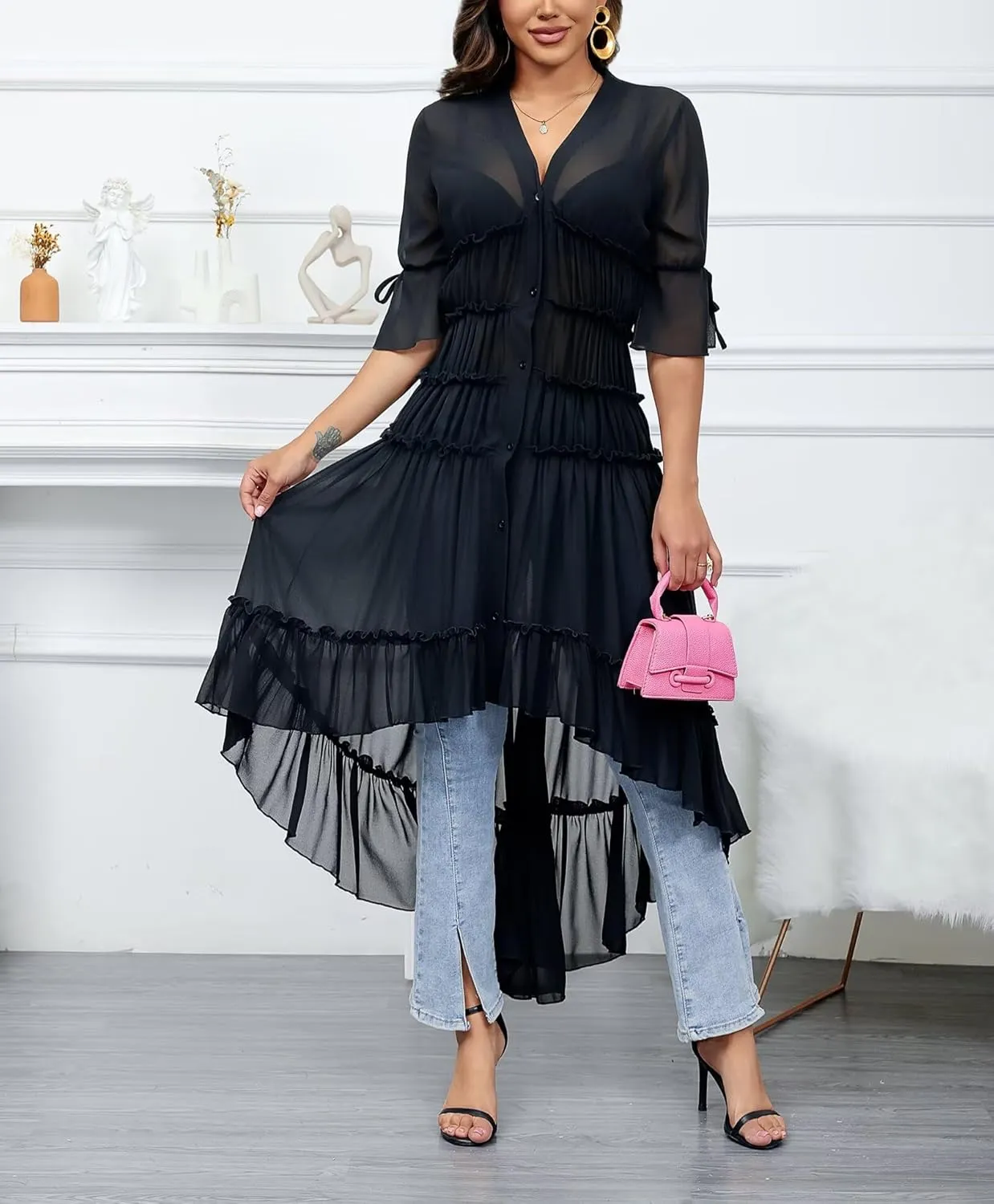 Aro Lora Women's Button Down Shirt Dress Sheer Chiffon V Neck Asymmetrical Ruffle Summer Beach Maxi Dress
