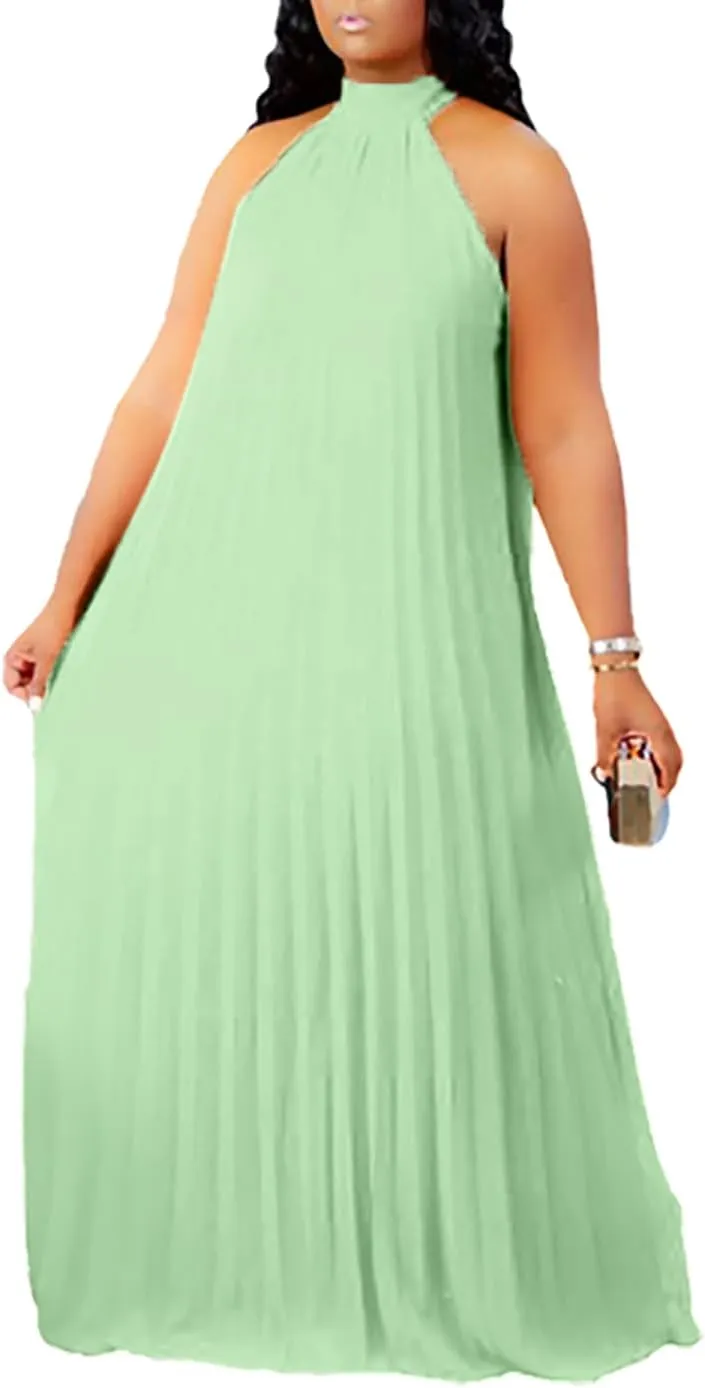 Aro Lora Womens Casual Sleeveless Plus Size Chiffon Halter Neck Pleated Loose Long Maxi Dress
