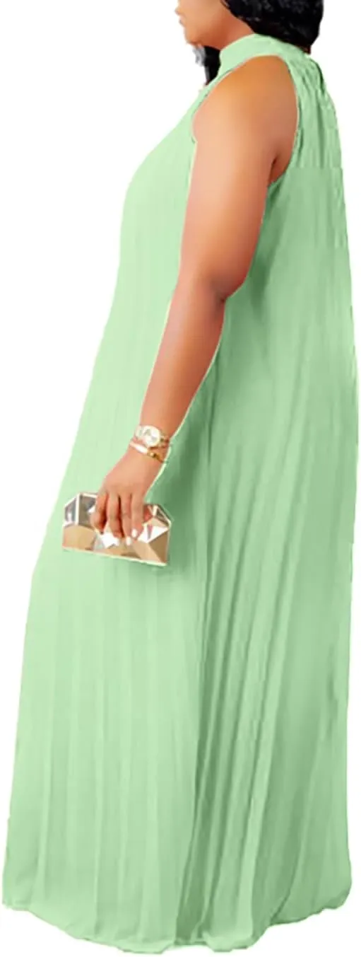 Aro Lora Womens Casual Sleeveless Plus Size Chiffon Halter Neck Pleated Loose Long Maxi Dress