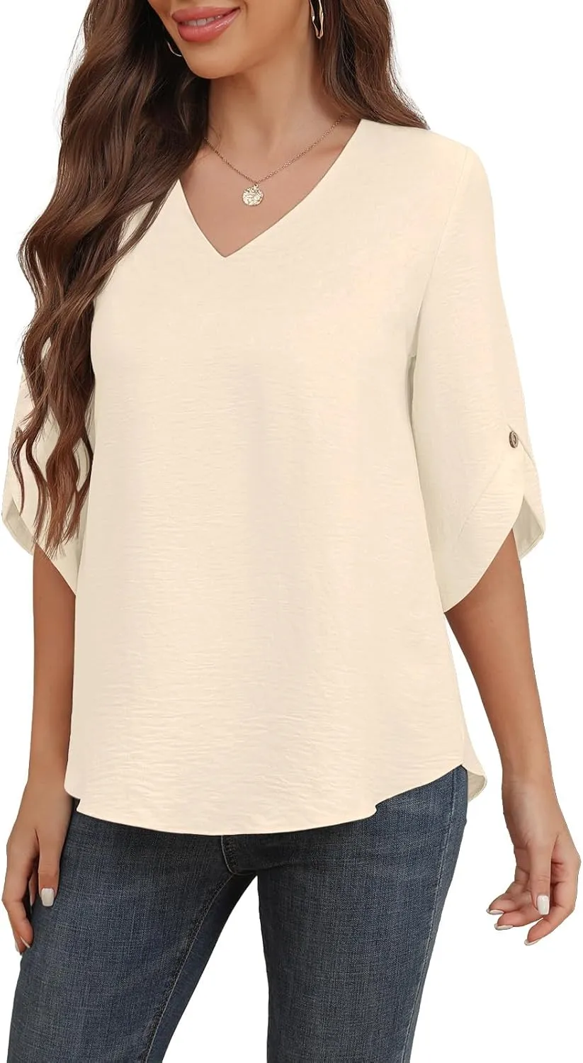 Askyes Women's 2024 Summer Chiffon Blouses 3/4 Bell Short Sleeve T-Shirts Casual Loose Dressy Work Tops for Leggings Blouse