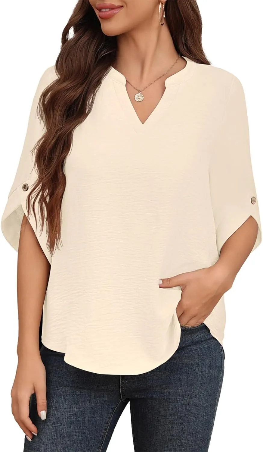 Askyes Women's 2024 Summer Chiffon Blouses 3/4 Bell Short Sleeve T-Shirts Casual Loose Dressy Work Tops for Leggings Blouse
