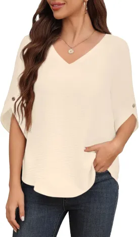 Askyes Women's 2024 Summer Chiffon Blouses 3/4 Bell Short Sleeve T-Shirts Casual Loose Dressy Work Tops for Leggings Blouse