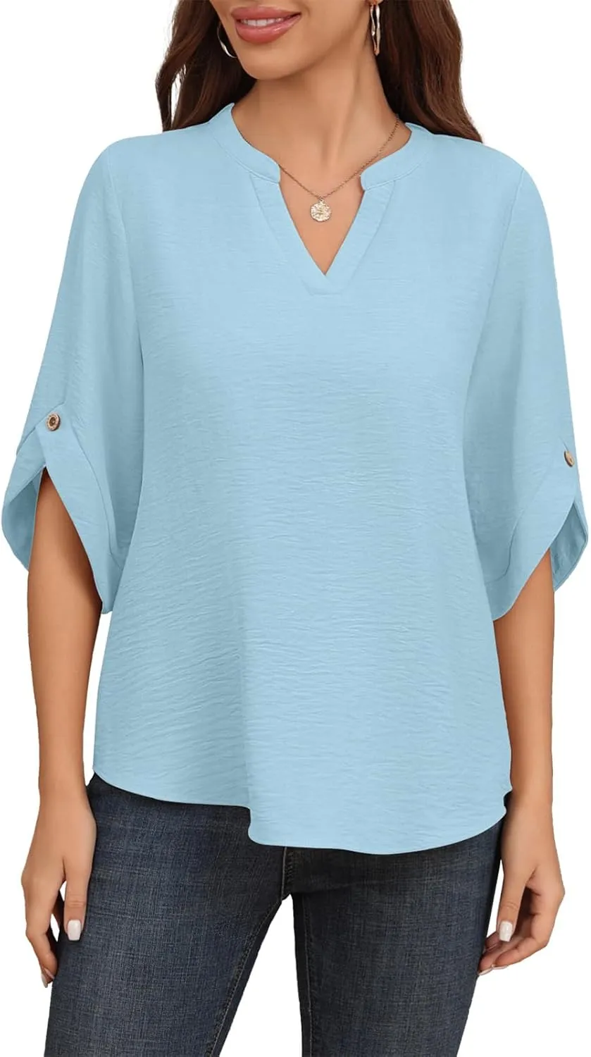 Askyes Women's 2024 Summer Chiffon Blouses 3/4 Bell Short Sleeve T-Shirts Casual Loose Dressy Work Tops for Leggings Blouse