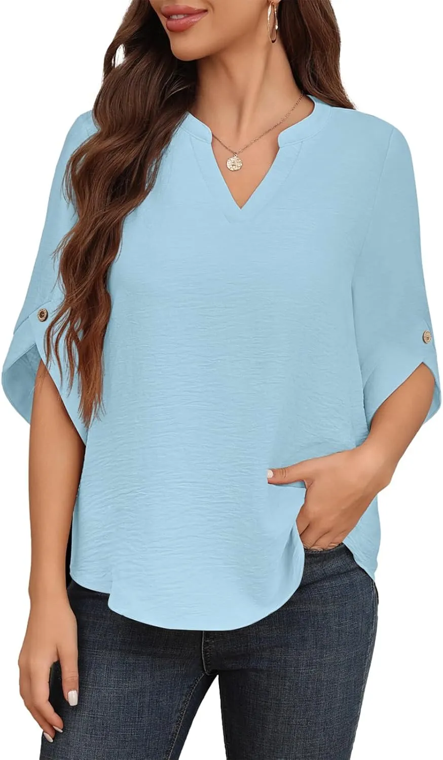Askyes Women's 2024 Summer Chiffon Blouses 3/4 Bell Short Sleeve T-Shirts Casual Loose Dressy Work Tops for Leggings Blouse