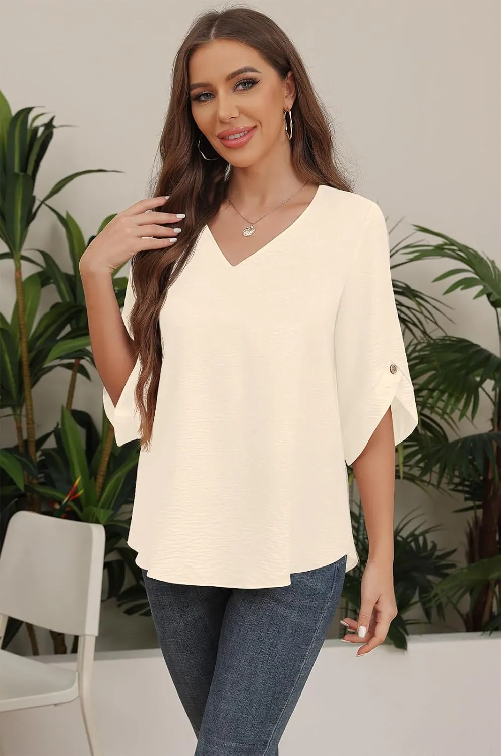 Askyes Women's 2024 Summer Chiffon Blouses 3/4 Bell Short Sleeve T-Shirts Casual Loose Dressy Work Tops for Leggings Blouse