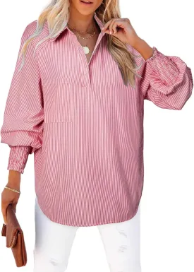 Astylish Women 2025 Fine Striped Smocked Cuffed Henley Shirts Long Sleeve Collared Blouse Tops with Pocket