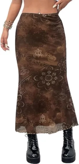 Avanova Women Ditsy Floral Bohemia Mesh Mermaid Skirt High Waist Summer Midi Skirts