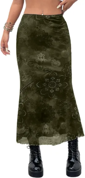Avanova Women Ditsy Floral Bohemia Mesh Mermaid Skirt High Waist Summer Midi Skirts