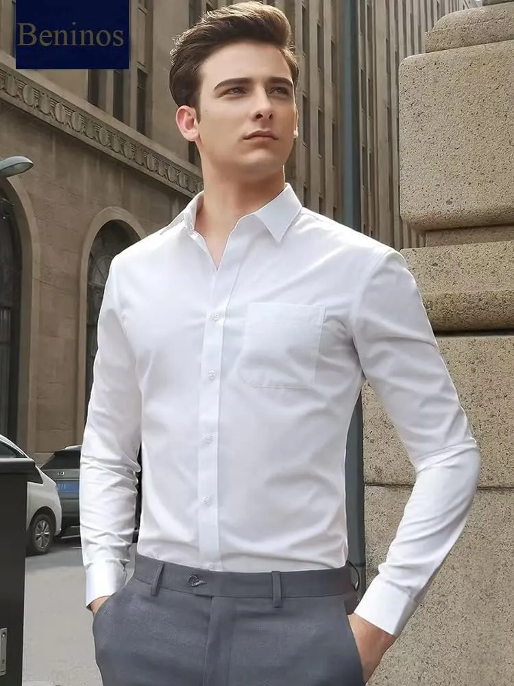 Beninos Mens Slim Fit Solid Point Collar Button Down Dress Shirt