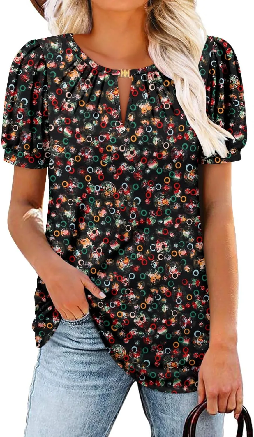 BETTE BOUTIK Womens Crewneck Short Sleeve KeyholeSummer Tunic Tops Pleated Shirts Blouses S-3XL