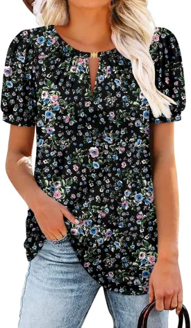 BETTE BOUTIK Womens Crewneck Short Sleeve KeyholeSummer Tunic Tops Pleated Shirts Blouses S-3XL