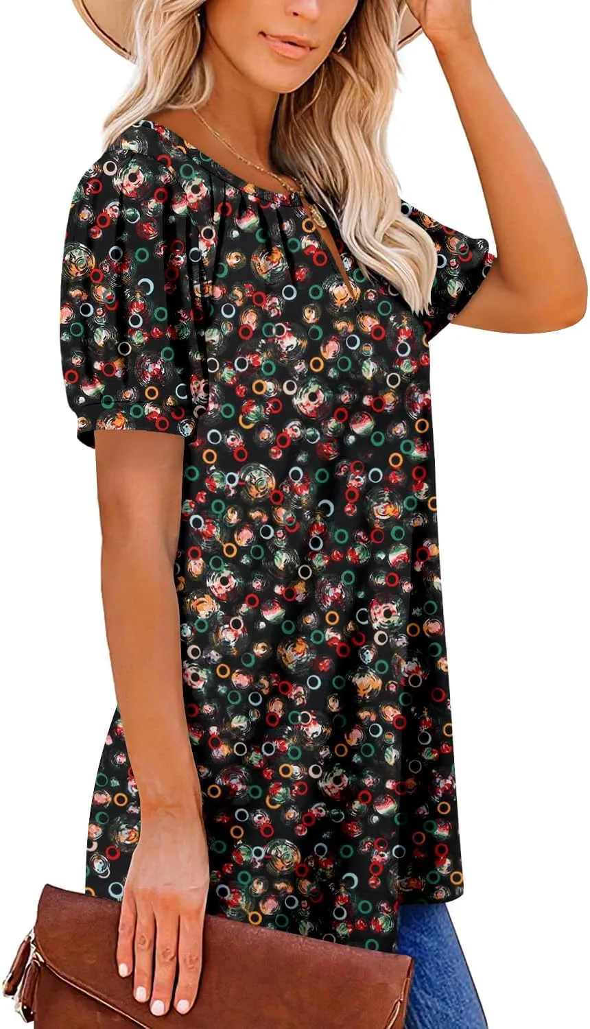 BETTE BOUTIK Womens Crewneck Short Sleeve KeyholeSummer Tunic Tops Pleated Shirts Blouses S-3XL