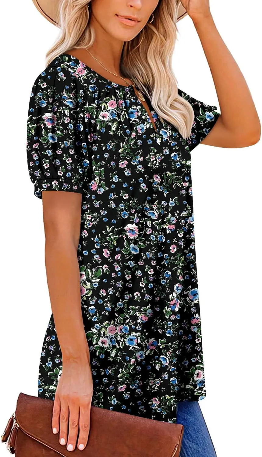BETTE BOUTIK Womens Crewneck Short Sleeve KeyholeSummer Tunic Tops Pleated Shirts Blouses S-3XL