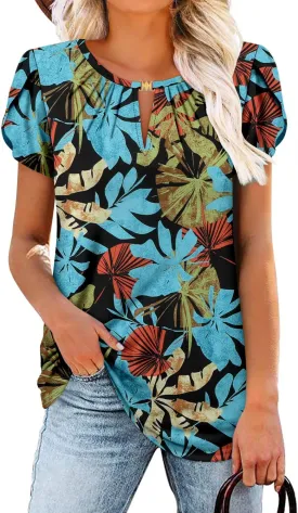 BETTE BOUTIK Womens Crewneck Short Sleeve KeyholeSummer Tunic Tops Pleated Shirts Blouses S-3XL