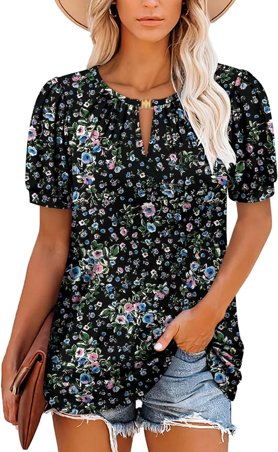 BETTE BOUTIK Womens Crewneck Short Sleeve KeyholeSummer Tunic Tops Pleated Shirts Blouses S-3XL