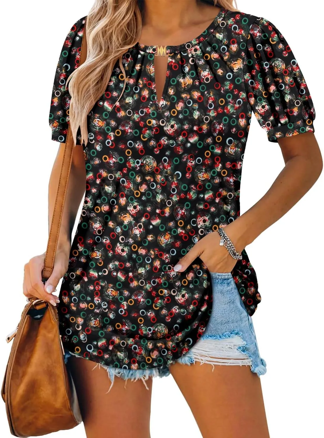 BETTE BOUTIK Womens Crewneck Short Sleeve KeyholeSummer Tunic Tops Pleated Shirts Blouses S-3XL