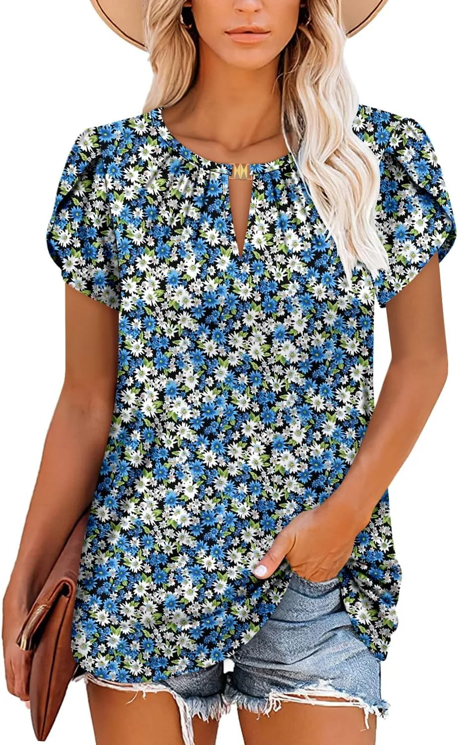 BETTE BOUTIK Womens Crewneck Short Sleeve KeyholeSummer Tunic Tops Pleated Shirts Blouses S-3XL