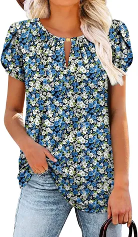 BETTE BOUTIK Womens Crewneck Short Sleeve KeyholeSummer Tunic Tops Pleated Shirts Blouses S-3XL