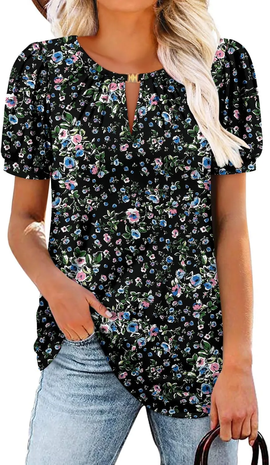 BETTE BOUTIK Womens Crewneck Short Sleeve KeyholeSummer Tunic Tops Pleated Shirts Blouses S-3XL