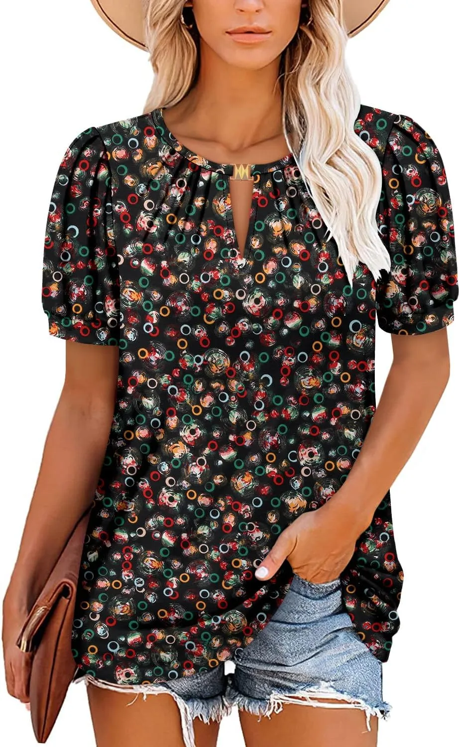 BETTE BOUTIK Womens Crewneck Short Sleeve KeyholeSummer Tunic Tops Pleated Shirts Blouses S-3XL