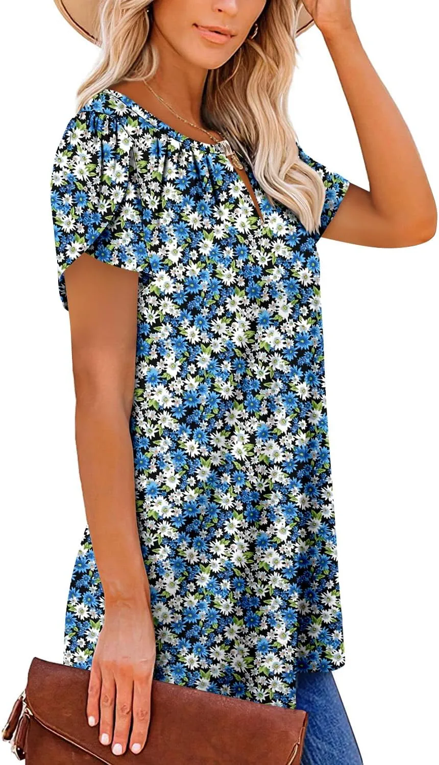 BETTE BOUTIK Womens Crewneck Short Sleeve KeyholeSummer Tunic Tops Pleated Shirts Blouses S-3XL