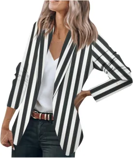 Blazers For Women Business Casual,2024 Fall Trendy Black And White Striped Blazer Lapel Open Front Cardigan Jacket