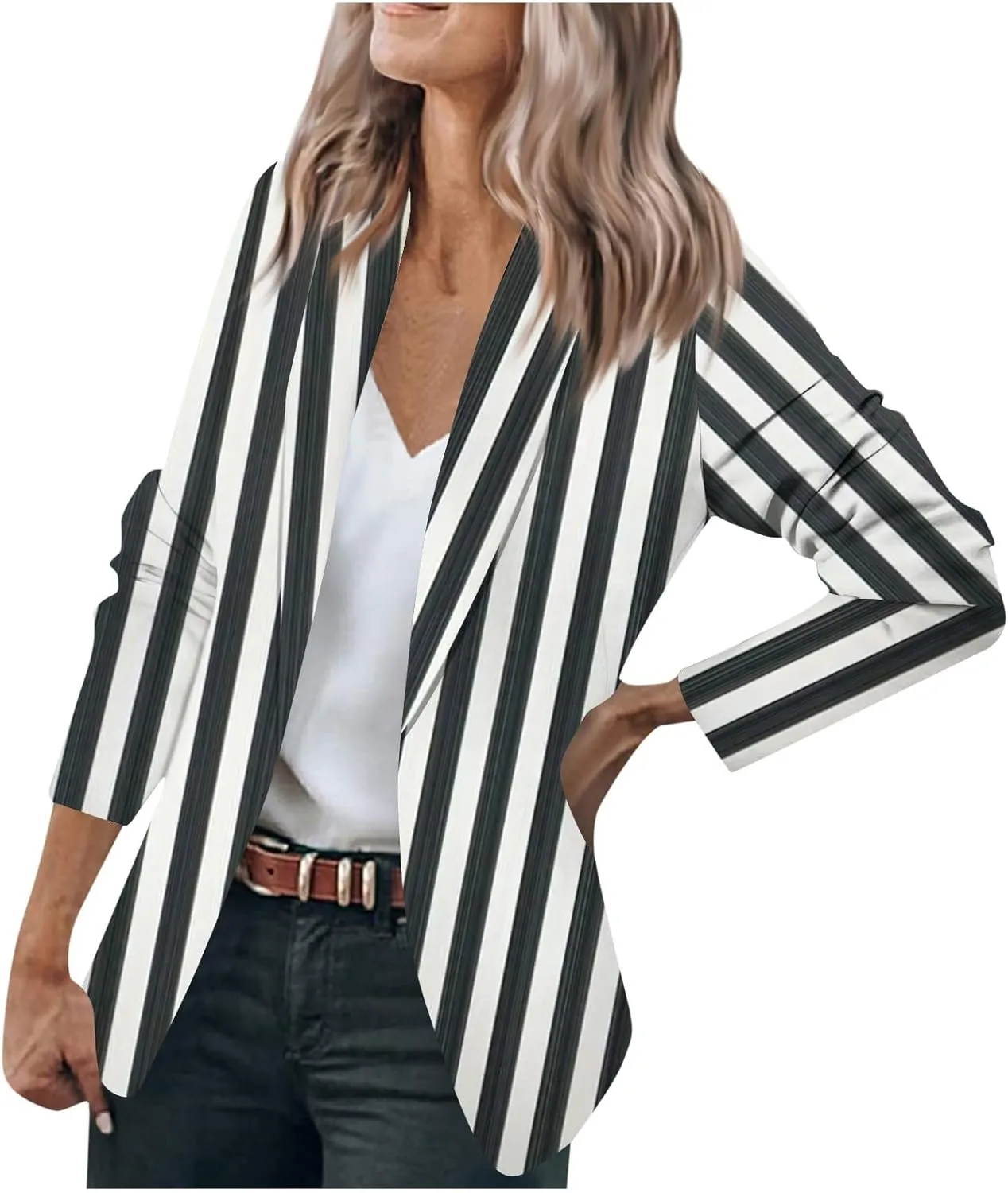 Blazers For Women Business Casual,2024 Fall Trendy Black And White Striped Blazer Lapel Open Front Cardigan Jacket