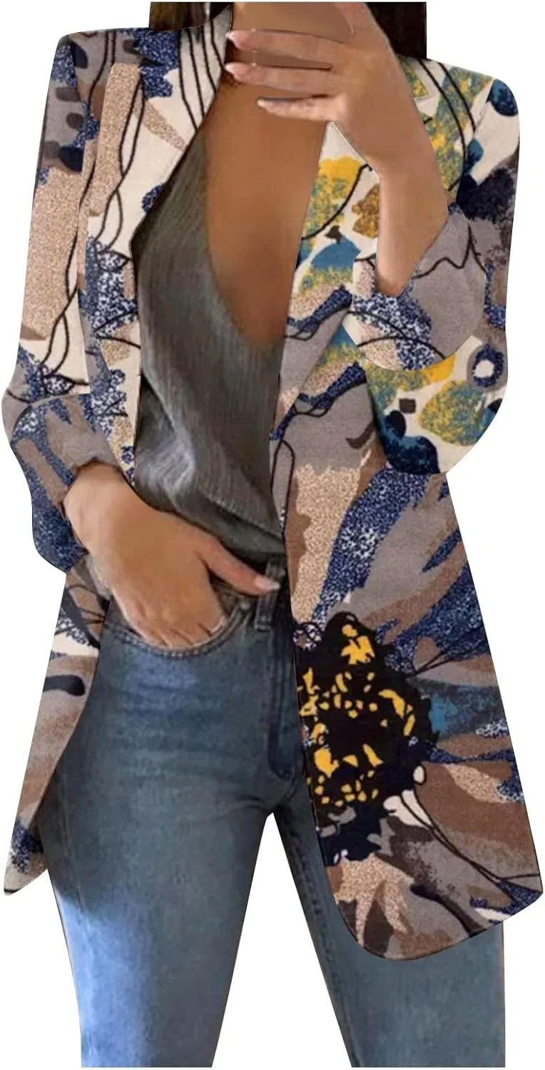 Blazers for Women Long Sleeve Button Open Front Blazer Jacket Solid/Hawaii Print Trendy Suite Coat with Pockets
