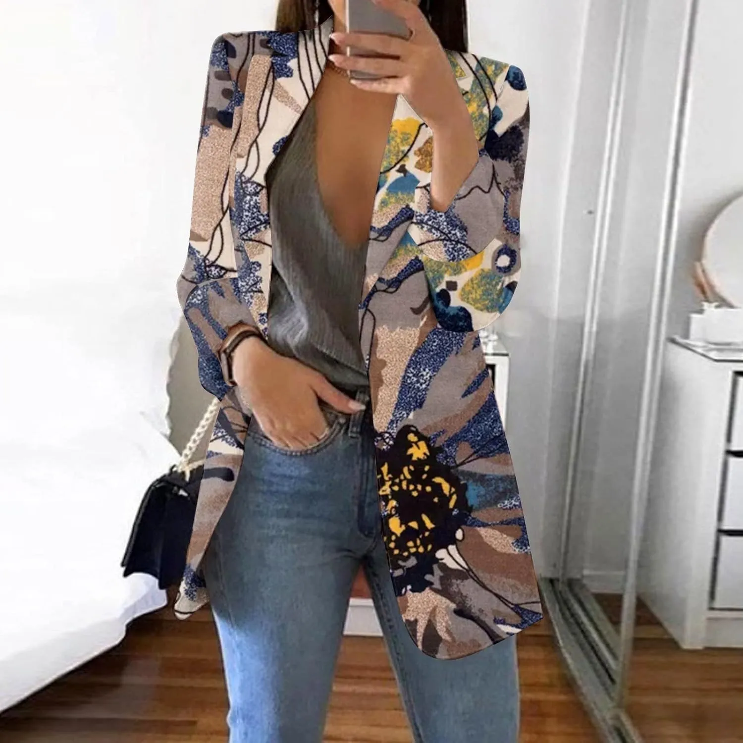Blazers for Women Long Sleeve Button Open Front Blazer Jacket Solid/Hawaii Print Trendy Suite Coat with Pockets