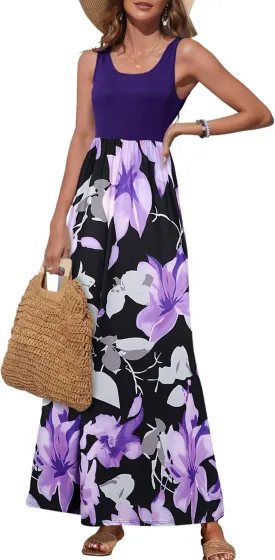 Bluetime Women's Summer Boho Sleeveless Floral Print Tank Long Maxi Dress (S-3XL)