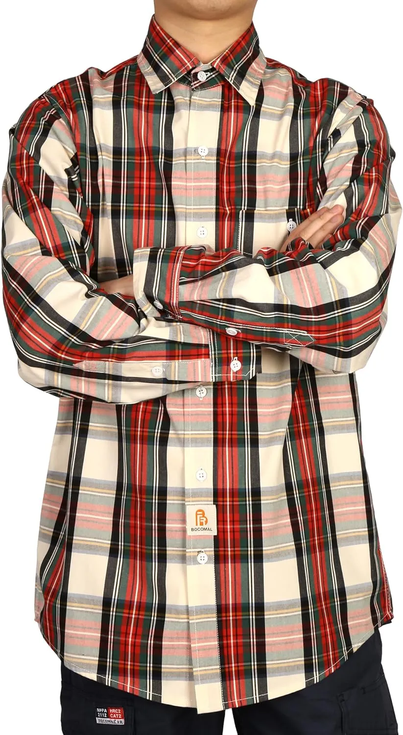 BOCOMAL FR Shirts Plaid 4.5oz Lightweight for Summer Flame Resistant Men's Fire Retardant Shirt-CAT1