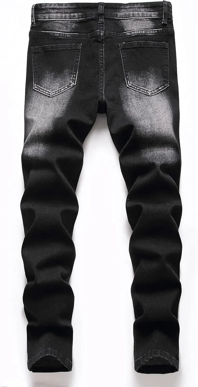 Boy's Skinny Fit Ripped Destroyed Distressed Stretch Slim Jeans Pants