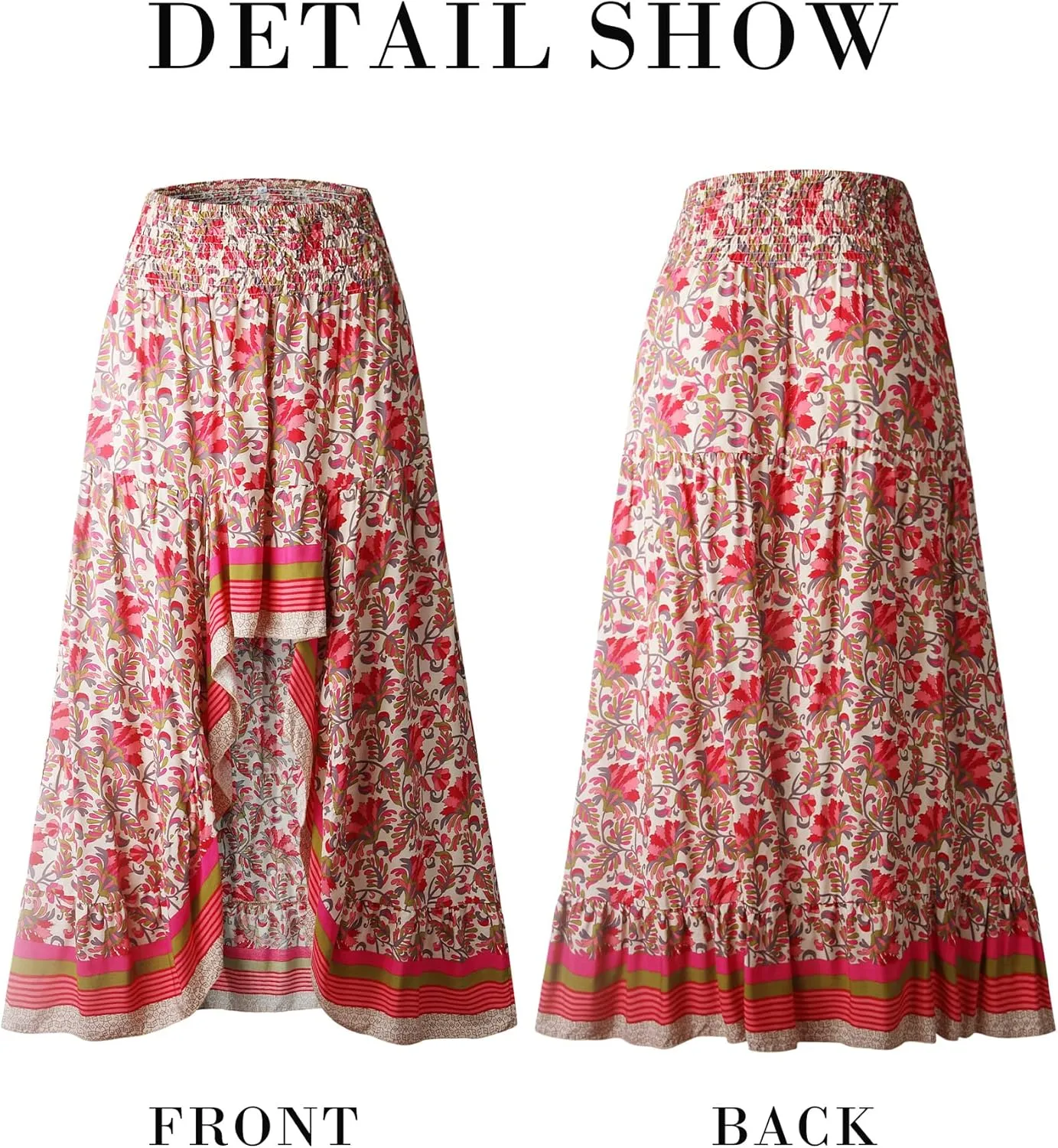 BTFBM Women 2025 Summer Spring Boho Long Skirts Dress Floral Print Elastic Waist Split Ruffle High Low Beach Maxi Skirt