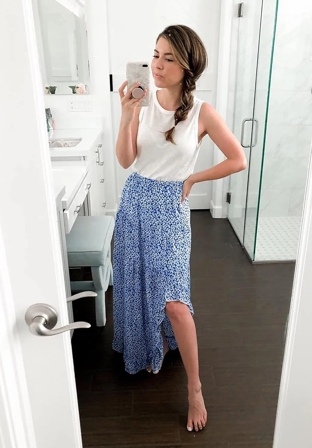 BTFBM Women 2025 Summer Spring Boho Long Skirts Dress Floral Print Elastic Waist Split Ruffle High Low Beach Maxi Skirt