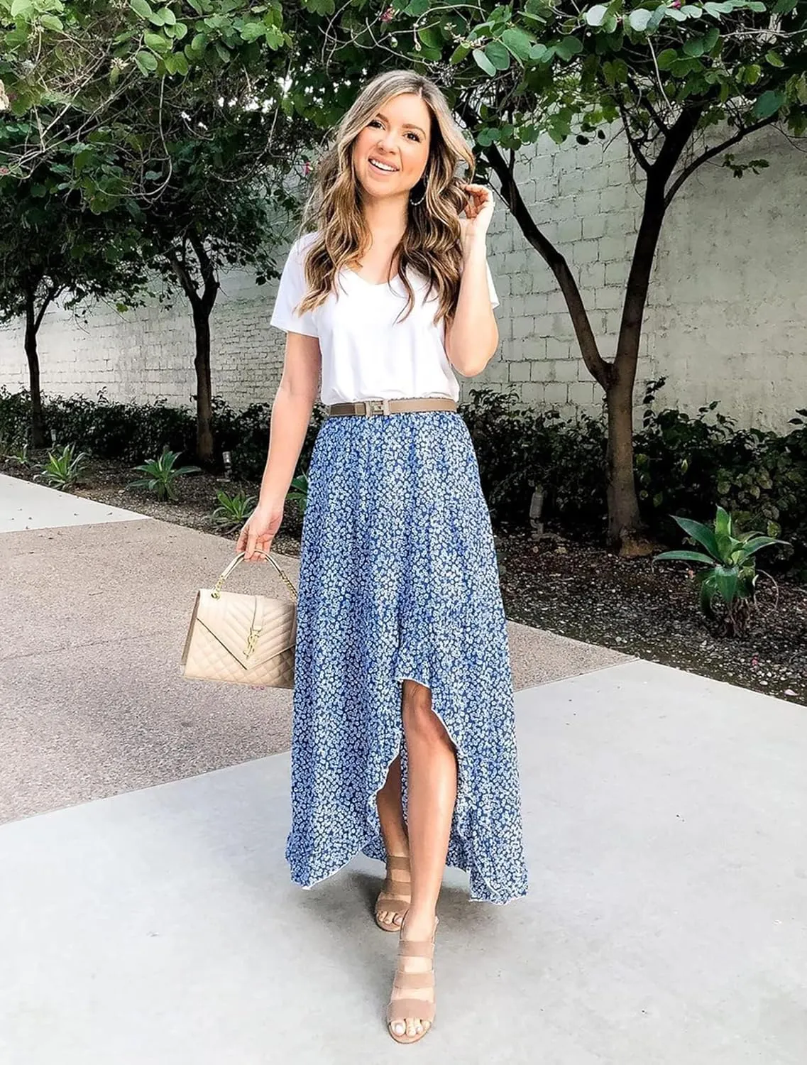 BTFBM Women 2025 Summer Spring Boho Long Skirts Dress Floral Print Elastic Waist Split Ruffle High Low Beach Maxi Skirt