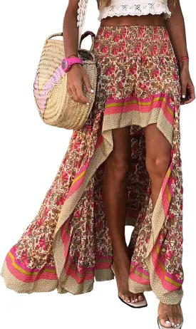 BTFBM Women 2025 Summer Spring Boho Long Skirts Dress Floral Print Elastic Waist Split Ruffle High Low Beach Maxi Skirt