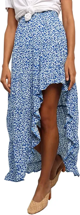 BTFBM Women 2025 Summer Spring Boho Long Skirts Dress Floral Print Elastic Waist Split Ruffle High Low Beach Maxi Skirt