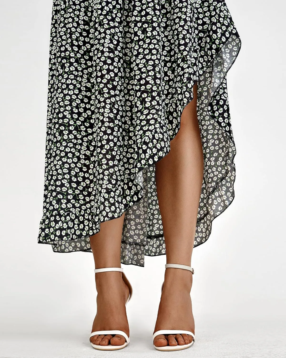 BTFBM Women 2025 Summer Spring Boho Long Skirts Dress Floral Print Elastic Waist Split Ruffle High Low Beach Maxi Skirt