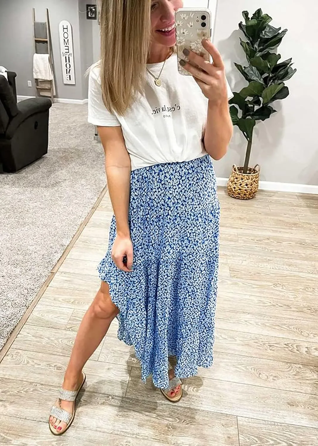 BTFBM Women 2025 Summer Spring Boho Long Skirts Dress Floral Print Elastic Waist Split Ruffle High Low Beach Maxi Skirt